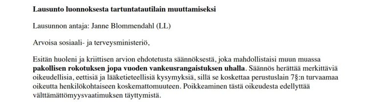 Terveyskeskuslääkärin lausunto uudesta tartuntatautilaista